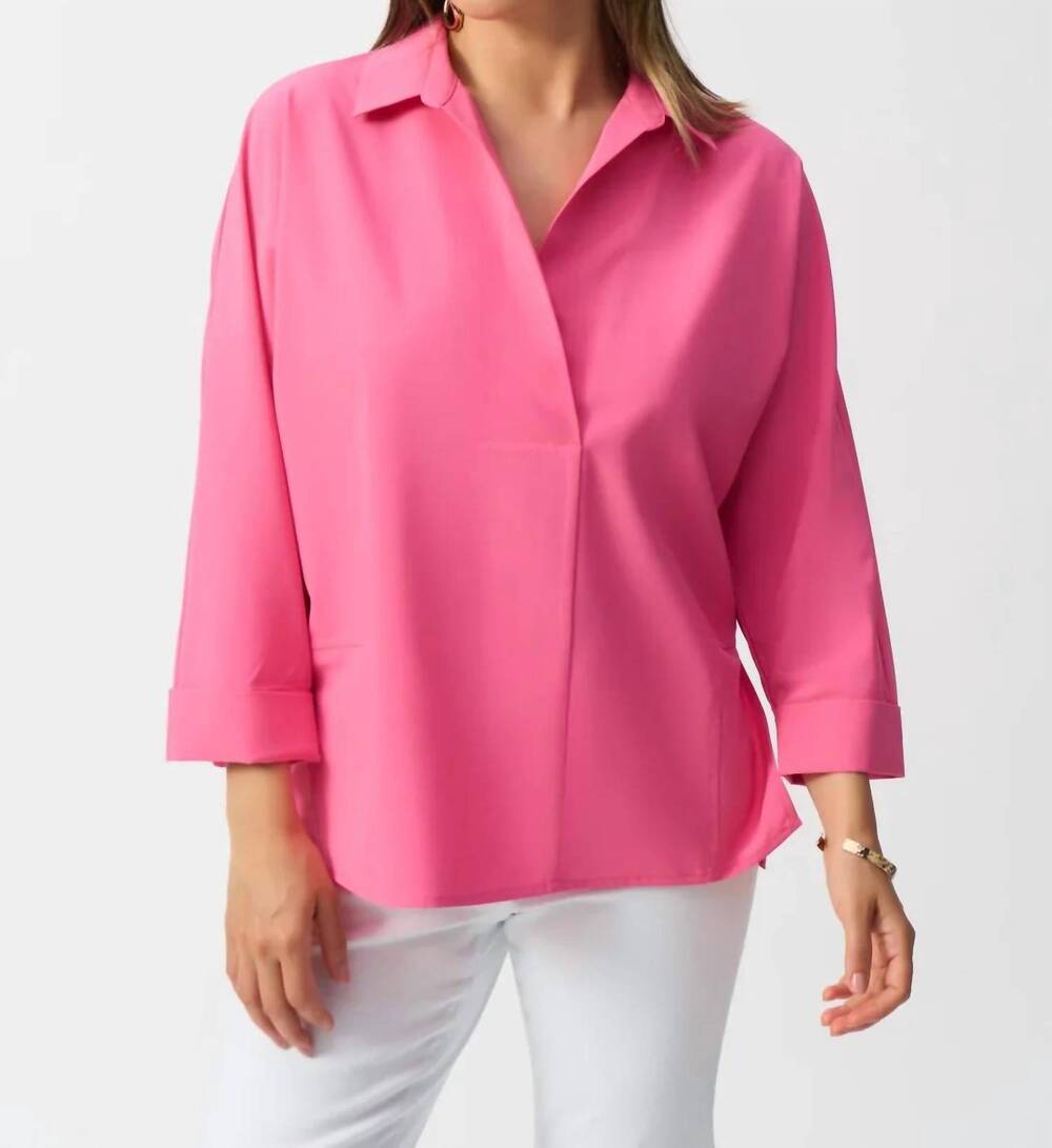 NEW JOSEPH RIBKOFF v-neck poplin boxy three quarter sleeves shirt in bubblegum